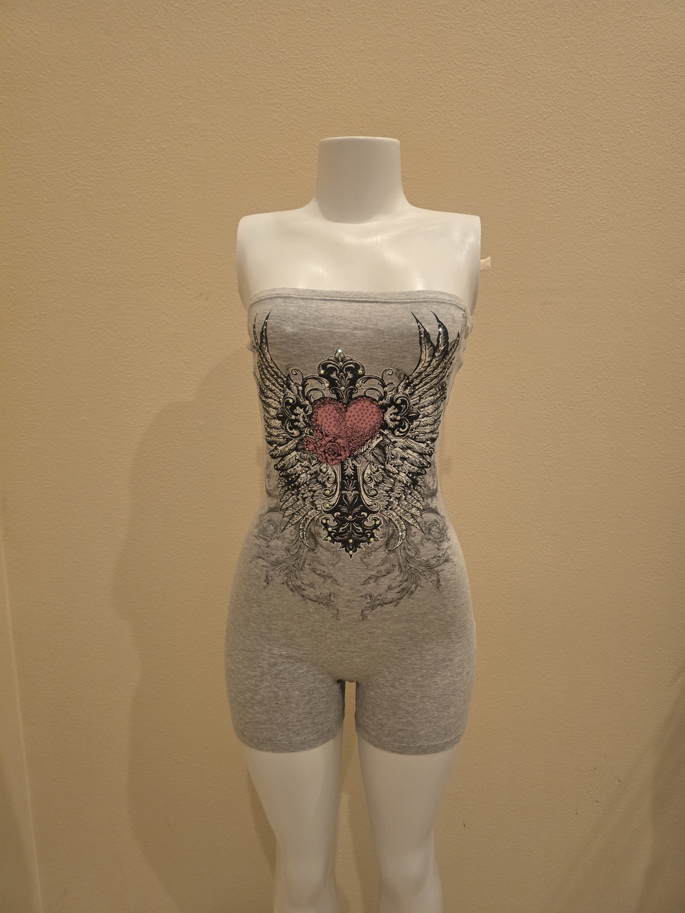 Strapless Gray Romper with Winged Heart Graphic